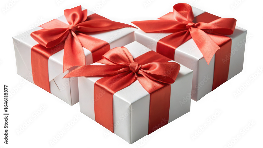 Fototapeta premium Three white gift boxes with red ribbons isolated on transparent background