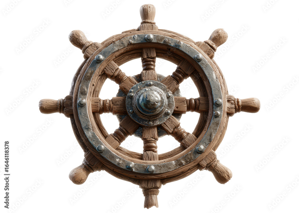 Obraz premium 3D Glossy Pirate Ship Steering Wheel on Transparent Background
