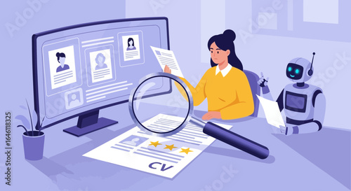 Human and AI Collaboration in Recruitment Illustration Depicting Efficient Candidate Evaluation Process