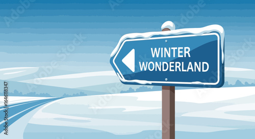 Enchanting Winter Wonderland Scene Road Sign Landscape Illustration