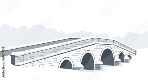 Enchanting Winterscape Stone Bridge Scene With Snowy Minimalist Style Design