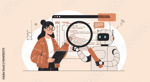Human and AI working together on software development with magnifying glass and code