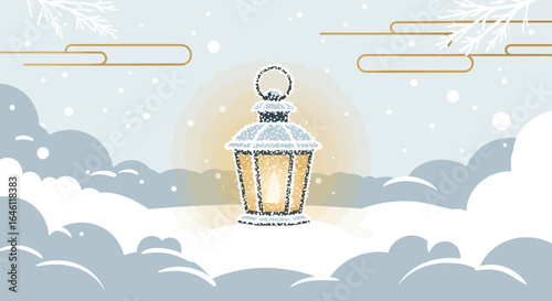Enchanting winter scene with a snow-covered lantern amidst softly falling snow landscape