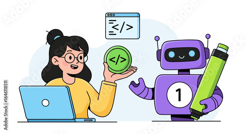 Human and Robot Collaboration in Coding, Illustrating the Future of Technology and Human Interaction