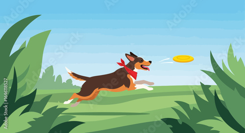 Energetic dog bounding towards a frisbee in a vibrant green field illustration