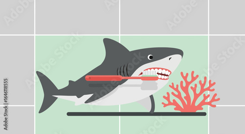 Funny Illustration Of A Shark Brushing His Teeth In The Bathroom