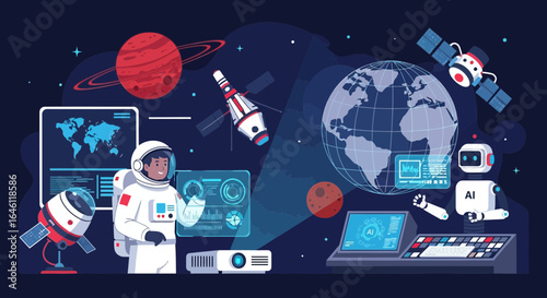 Future Exploration: Astronaut, AI Robot and Technology Working on Space Exploration