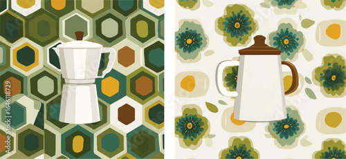Retro Kitchen Collage with Moka Pot and Enamel Coffee Pot on Floral and Geometric Backgrounds Celebrating Home Brewing and Vintage Aesthetic
