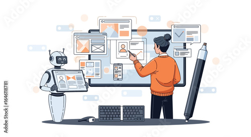 Human-AI collaboration in web development: A woman designs a website alongside a robot assistant visualizing interfaces