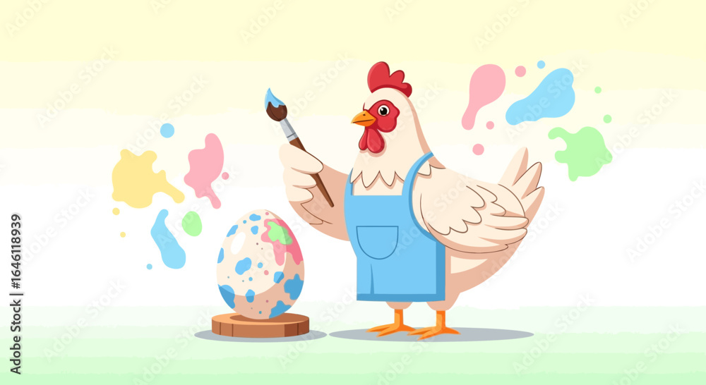 Naklejka premium Humorous Cartoon Chicken Decorating Easter Egg with Colorful Paints and Apron