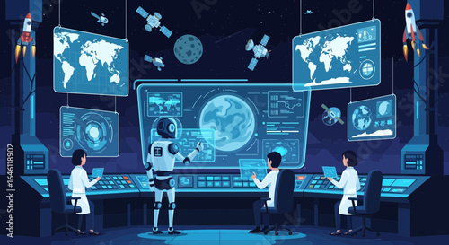 Futuristic Mission Control Room with Scientists Robot and Advanced Technology Interface Panels