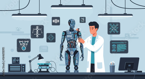 Futuristic robotic engineering: A scientist repairing a humanoid robot in a hi-tech laboratory setting showcasing technological advancement