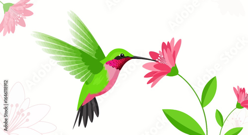 Hummingbird sipping nectar from a pink flower in a vibrant and detailed illustration  captivating and serene