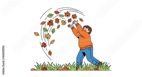 Enthusiastic boy in orange sweater enjoying a playful moment with falling leaves in autumn seasonal weather