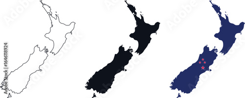 New Zealand map set with outline, solid black, and national flag designs. Geographic vector illustration for travel, education, and design. Perfect for maps, posters, and infographics.