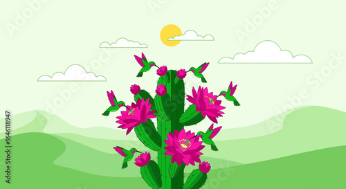 Hummingbirds feeding on cactus flowers in a vibrant desert landscape cartoonish style