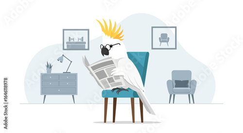 Humorous depiction of a cockatoo parrot reading a newspaper in a modern interior