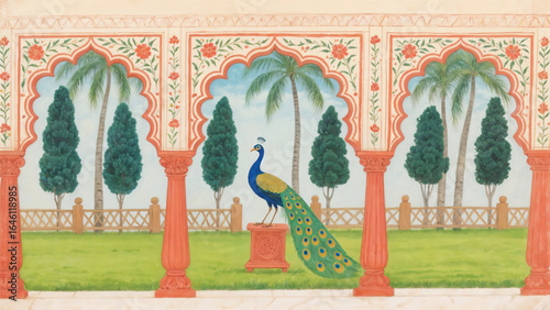 Detailed Mughal miniature vector with ornate Indian arch, peacock, forest garden, and wedding-inspired design for living room wall mural art
