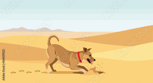 Excited Dog Digging A Hole In The Desert Landscape Having Fun Outdoors