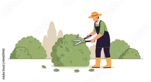 Gardener meticulously trimming bushes in a serene outdoor setting showcasing precision