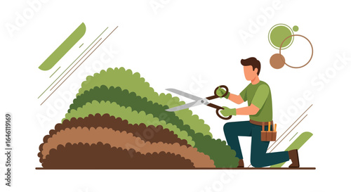 Gardener trimming bush using large scissors, landscaping and yard maintenance concept