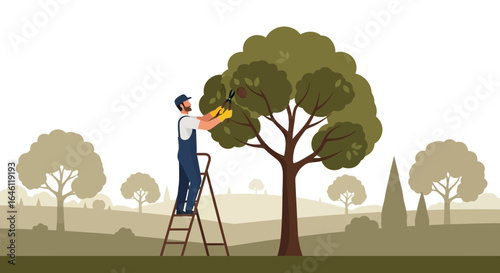 Gardener trimming tree branches in a landscape setting using pruning shears on a ladder