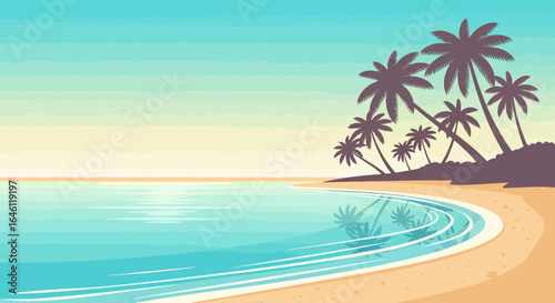 Exotic Tropical Beach Scene with Palm Trees and Tranquil Ocean Waters