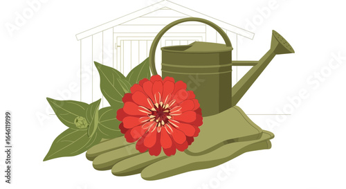 Gardening Still Life with Zinnia, Watering Can, and Garden Shed Illustration