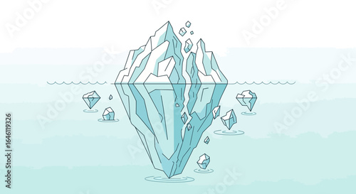 Iceberg floating in calm waters, representing hidden depths and unseen challenges illustration