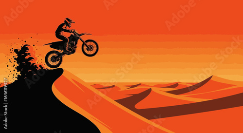 Extreme Sport Silhouette Motorcross Rider Jumping At Sunset In A Desert Landscape