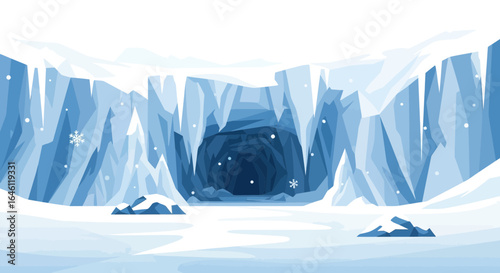 Icy Cave With Icicles in Frozen Landscape Scene With Snowflakes