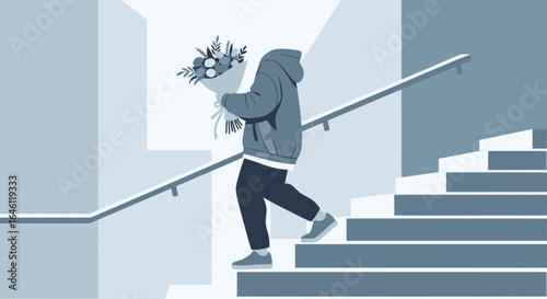 Faceless figure ascends stairs with flowers symbolizing anonymity and anticipation
