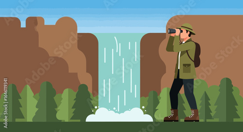 Exploring the Wilderness: A Hiker Observes a Majestic Waterfall with Binoculars