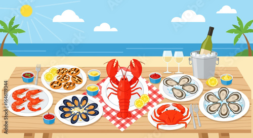 Exquisite seafood feast illustration on a beachside table, offering summer vibe dining in a delightful coastal setting