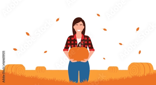 Fall harvest: Woman farmer holding pumpkin with autumn leaves and hay bales illustration