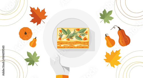 Fall-themed composition of pumpkin lasagna on a plate surrounded by autumn leaves and pumpkins creating a celebratory autumnal atmosphere