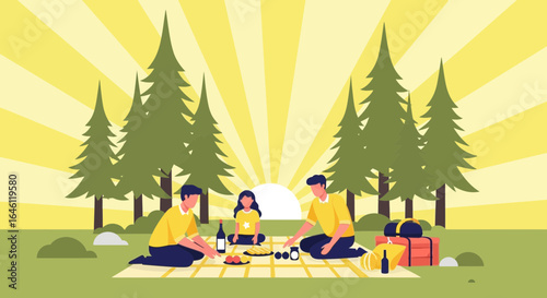 Family enjoy beautiful picnic time in forest nature scene at sunny day design