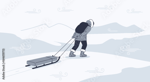 Illustrated scene of a person pulling a sled through a snowy winter landscape