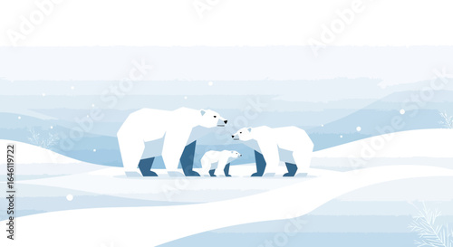 Geometric Polar Bear Family Illustration in a Snowy Landscape Artfully Designed