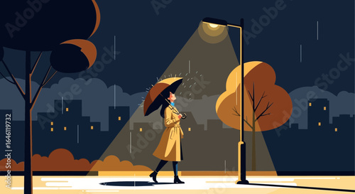 Illustrated scene of a woman with umbrella walking under a streetlight in the rain, urban landscape on background