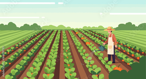 Farmer carefully waters his crops on a sunny day, ensuring a bountiful harvest in the field, embodying sustainable farming practices