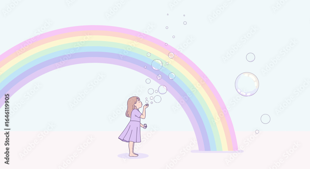 Girl Blowing Bubbles With a Pastel Rainbow Illustration In Dreamy Scene Girl Blowing Bubbles With a Pastel Rainbow Illustration In Dreamy Scene