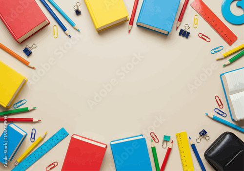 Flat lay of colorful school supplies and stationery arranged as a frame on a neutral background with copy space for text.