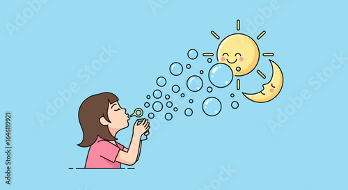 Girl Blowing Bubbles At Sun And Moon Cartoon Illustration In Light Blue Background