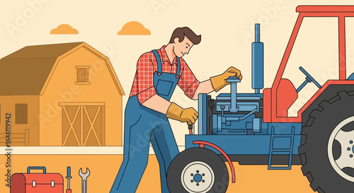 Illustration depicting a farmer repairing his tractor on a farm with a barn background offering maintenance and reliability