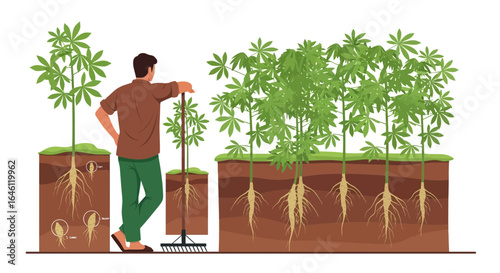 Illustration depicting a farmer observing the growth stages of a cannabis plant
