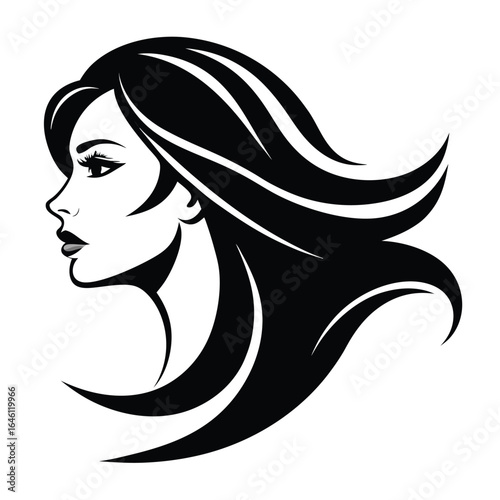 Serene woman face with flowing hair in black and white illustration.