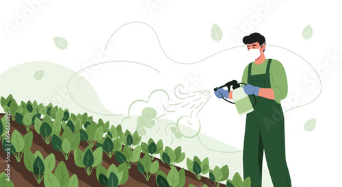 Farmer spraying pesticide or fertilizer on crops in a field using protective gear agricultural worker at work