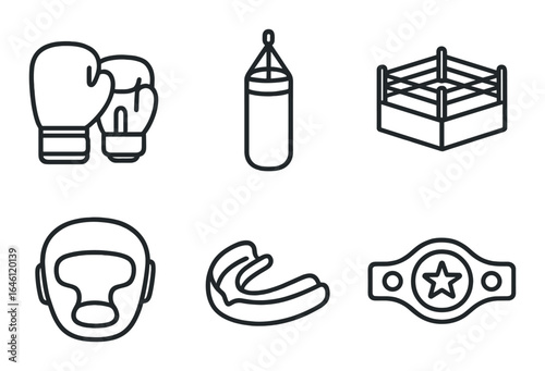 Boxing icons: gloves, punching bag, ring, headgear, mouthguard, championship belt