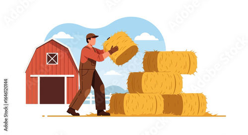 Farmer stacking hay bales near a barn with a blue sky background illustration